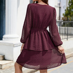 Elegant Ruffled Chiffon Office Belted V Neck Elastic Waist Patchwork Summer  Dress