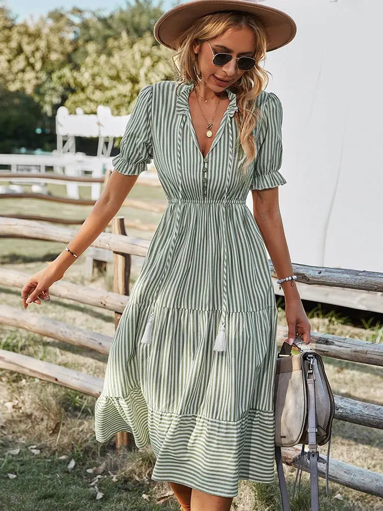 Elegant Striped V-Neck Lantern Sleeve Boho Dress