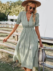 Elegant Striped V-Neck Lantern Sleeve Boho Dress