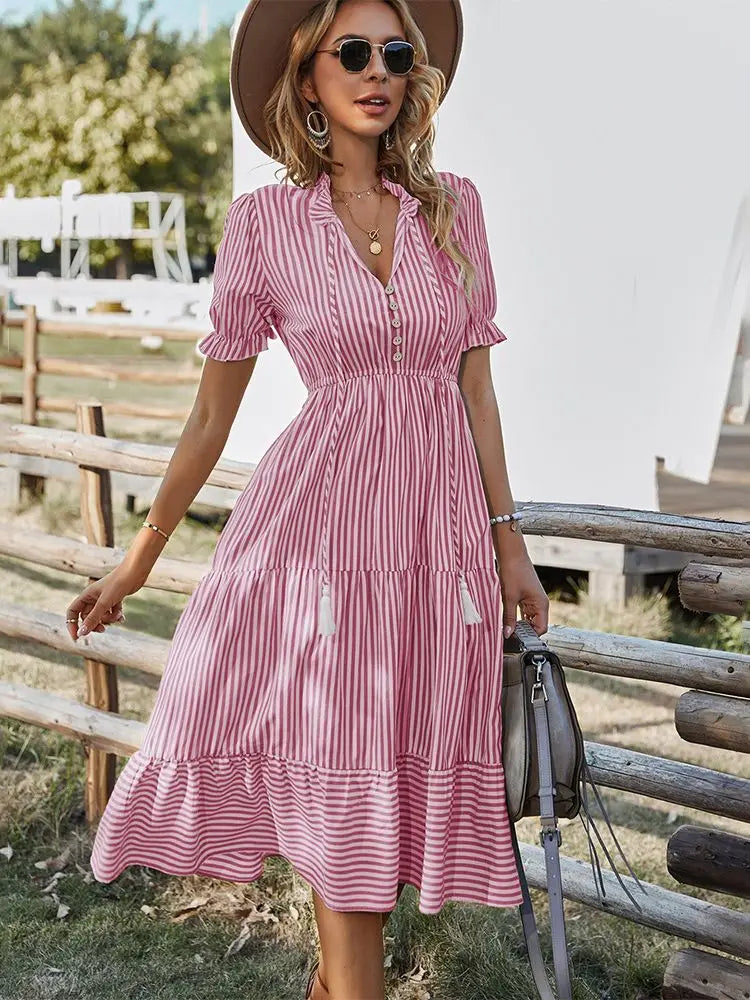 Elegant Striped V-Neck Lantern Sleeve Boho Dress