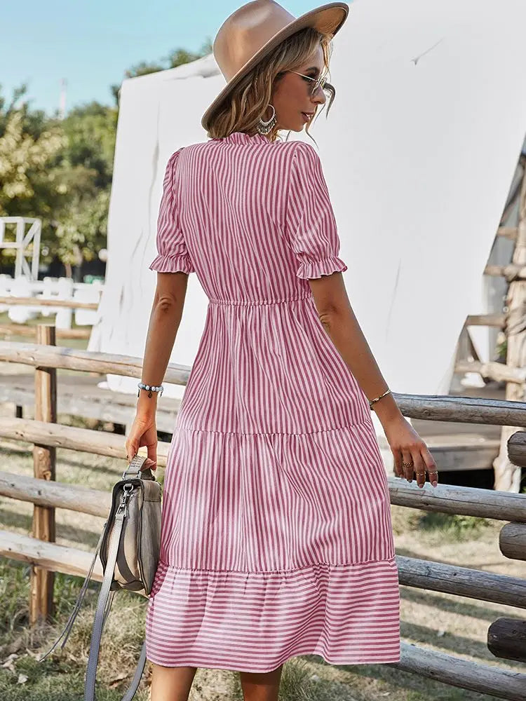 Elegant Striped V-Neck Lantern Sleeve Boho Dress