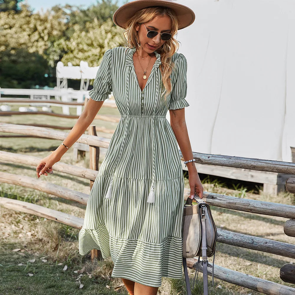 Elegant Striped V-Neck Lantern Sleeve Boho Dress