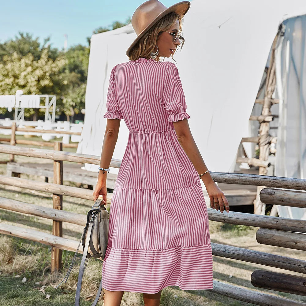 Elegant Striped V-Neck Lantern Sleeve Boho Dress