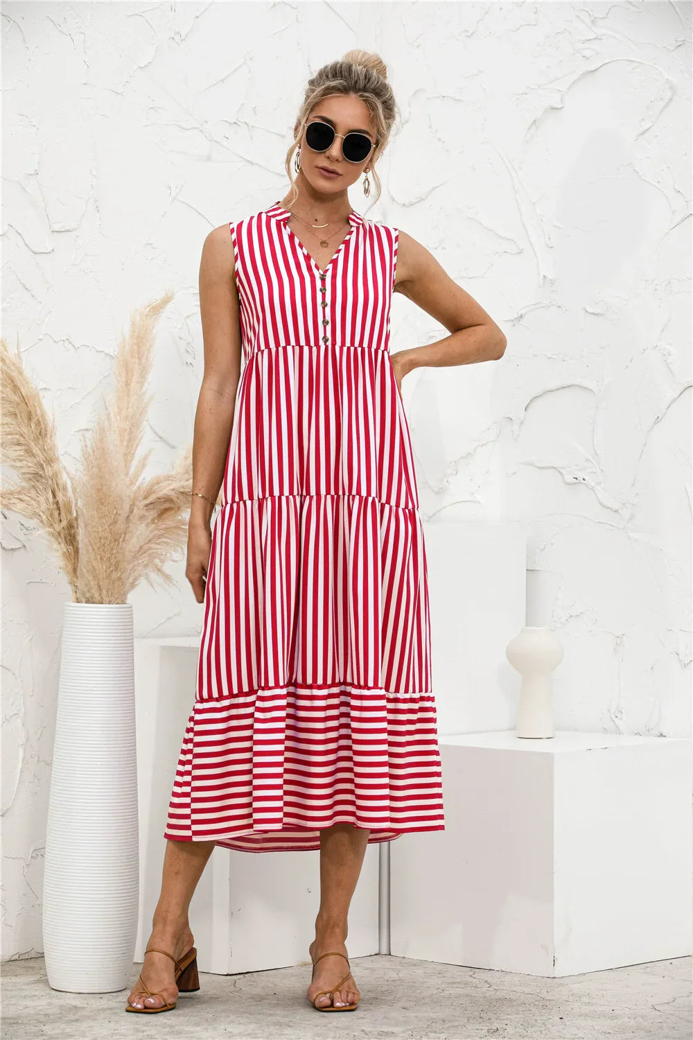 Elegant Striped V-Neck Lantern Sleeve Boho Dress