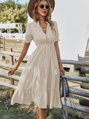 Elegant Striped V-Neck Lantern Sleeve Boho Dress