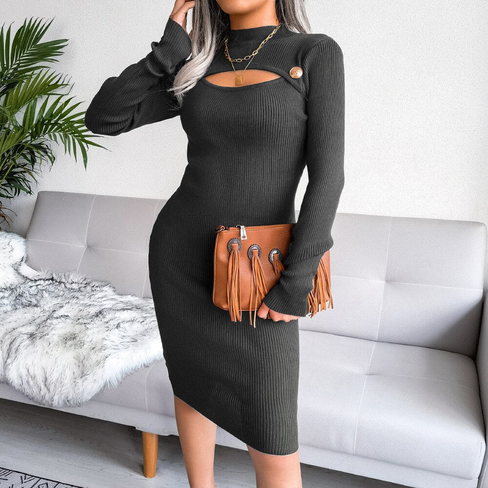 Hollow Out Solid Color Knit Dress