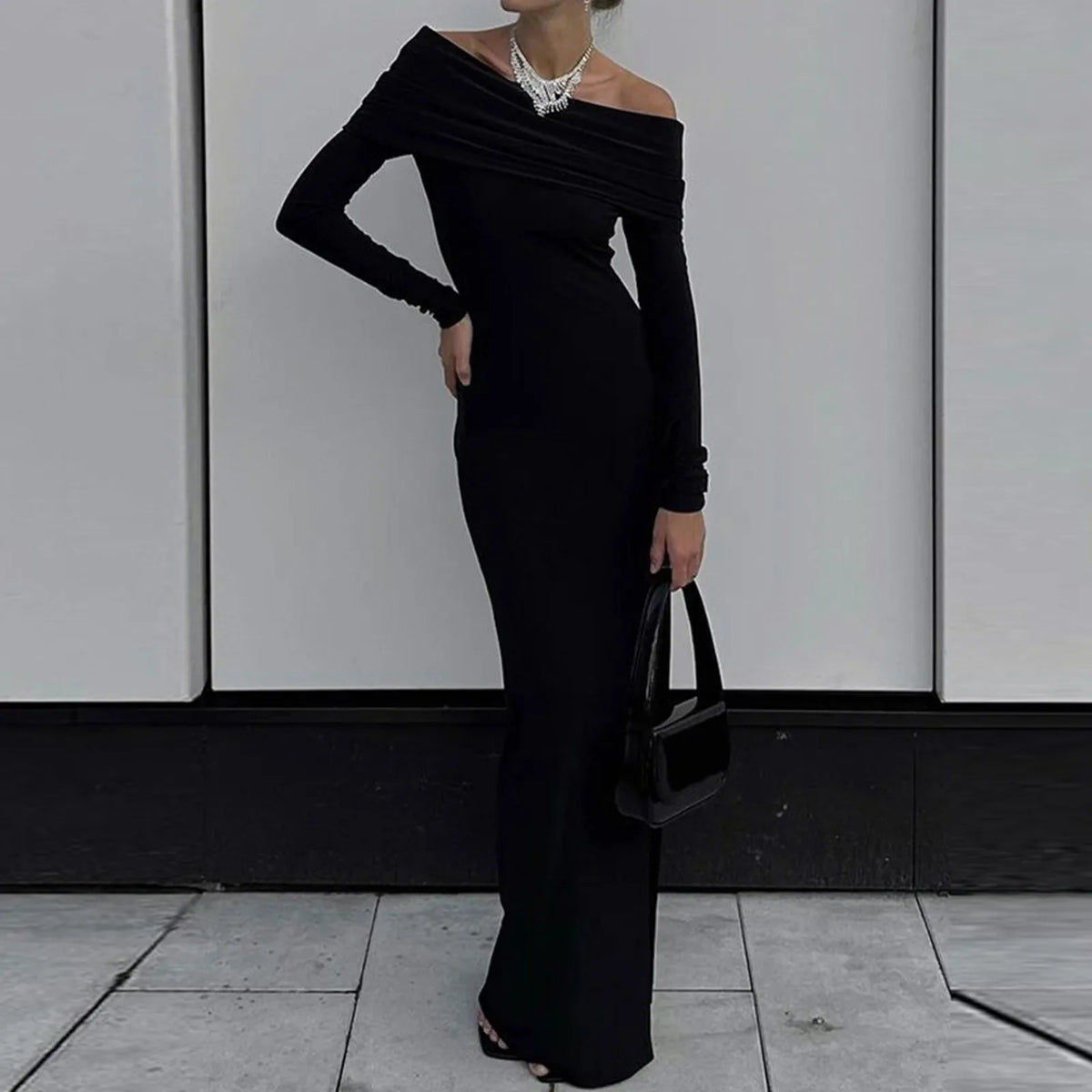 Stylish Fashion Off Shoulder Maxi Long Spring Fall Long Sleeve Solid Black High Slit Dress