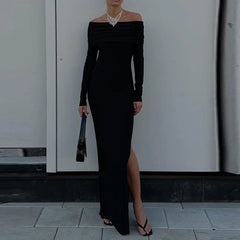 Stylish Fashion Off Shoulder Maxi Long Spring Fall Long Sleeve Solid Black High Slit Dress