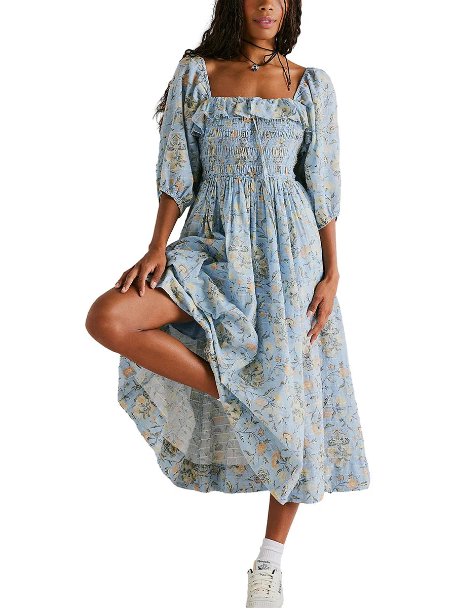 Square Neck A-Line Swing Fall Flowy Flower Tiered Boho Long Dress