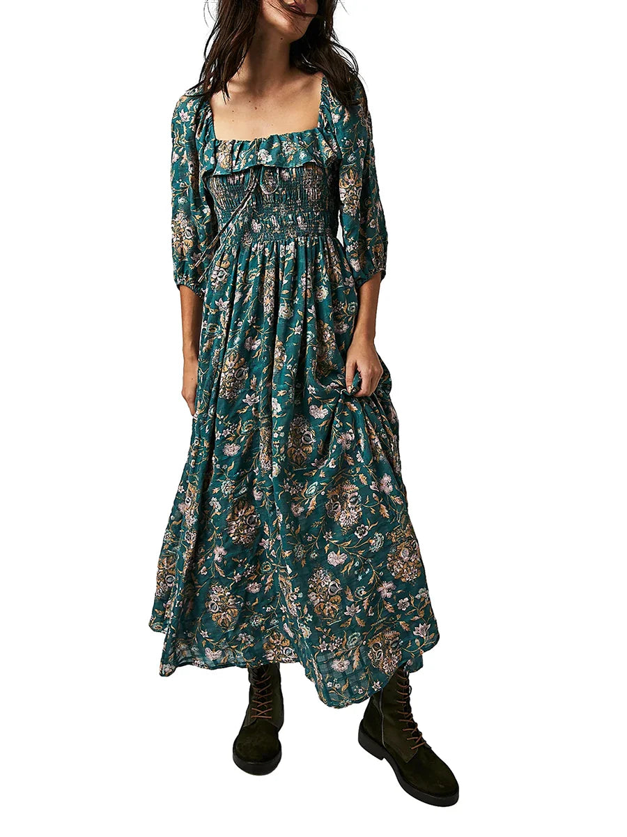 Square Neck A-Line Swing Fall Flowy Flower Tiered Boho Long Dress