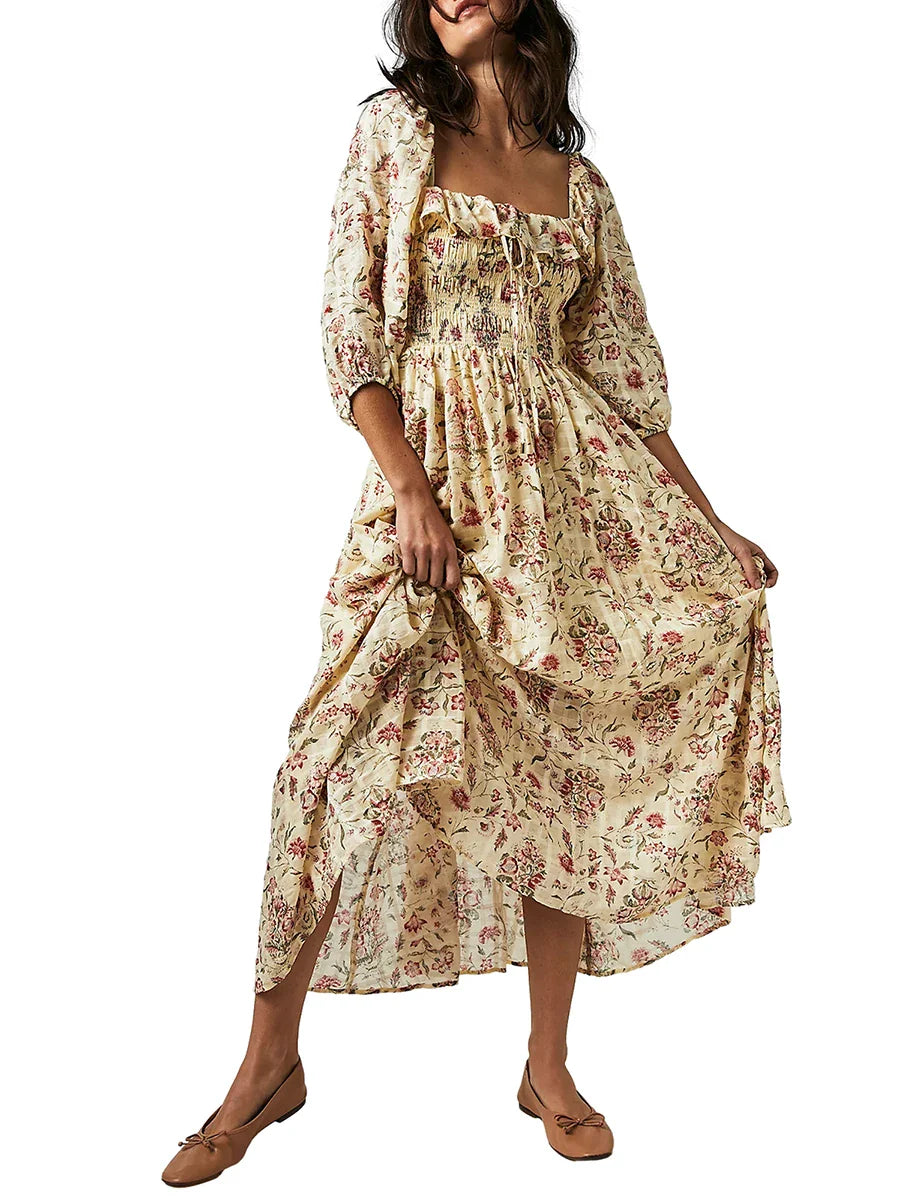 Square Neck A-Line Swing Fall Flowy Flower Tiered Boho Long Dress