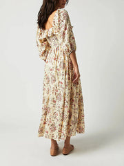 Square Neck A-Line Swing Fall Flowy Flower Tiered Boho Long Dress