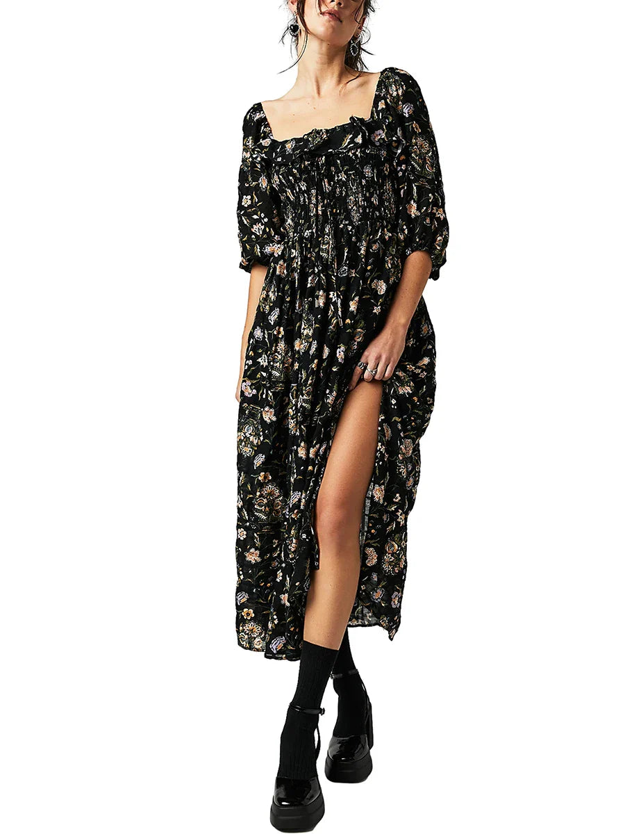 Square Neck A-Line Swing Fall Flowy Flower Tiered Boho Long Dress