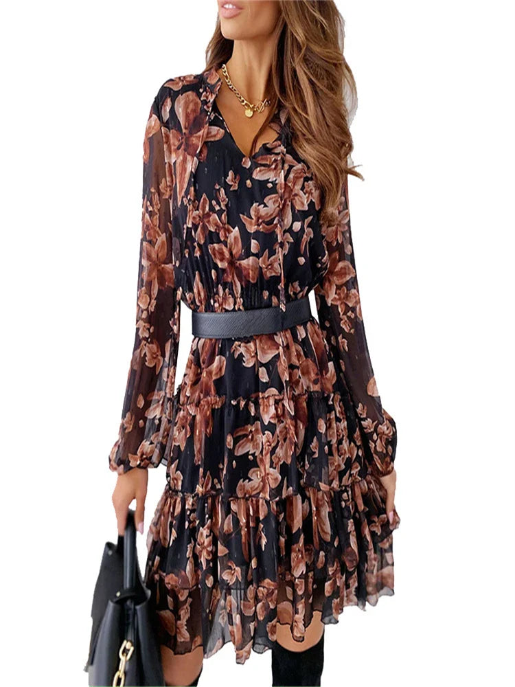 V-neck Long Sleeve A-line Wrapped Boho Dress