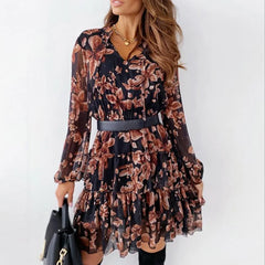 V-neck Long Sleeve A-line Wrapped Boho Dress