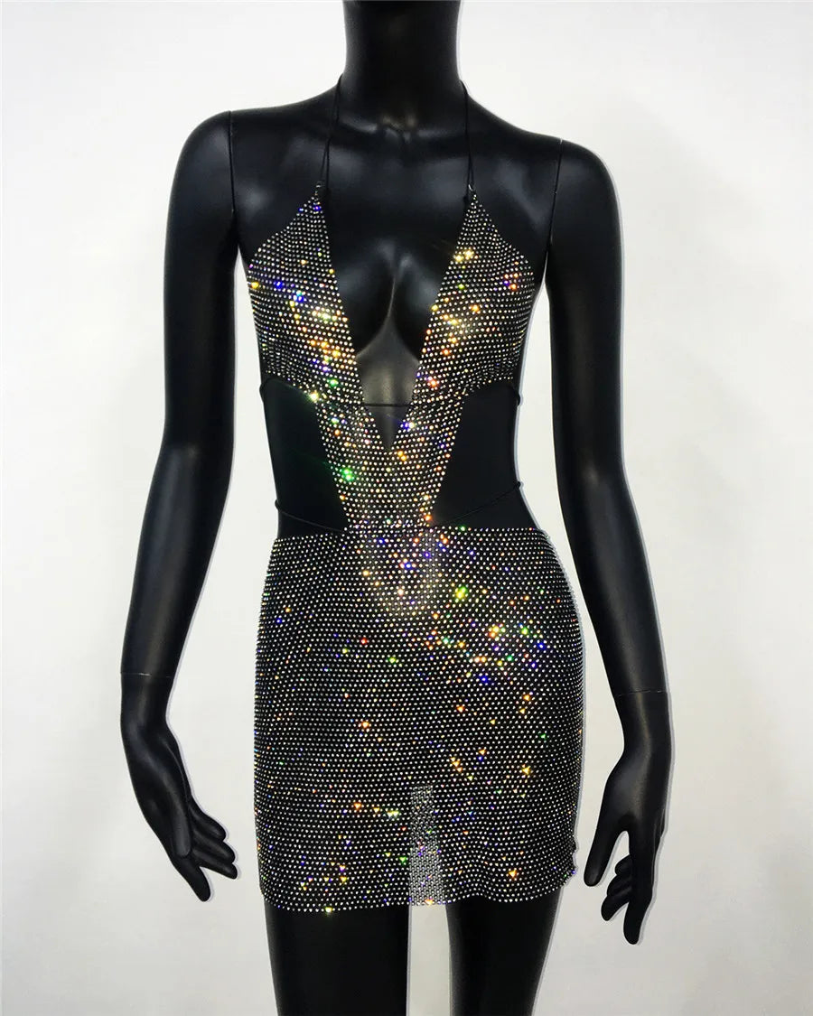 Glitter Diamond Backless Halter Neck Mini Dress Cut Out Dresses