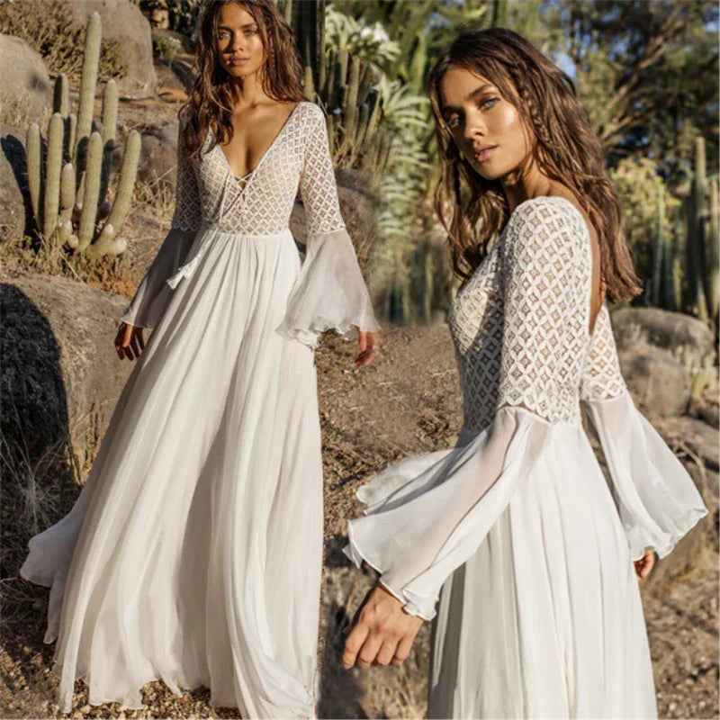 Holiday Chic V-Neck Long Flare Sleeve Boho Maxi Dress