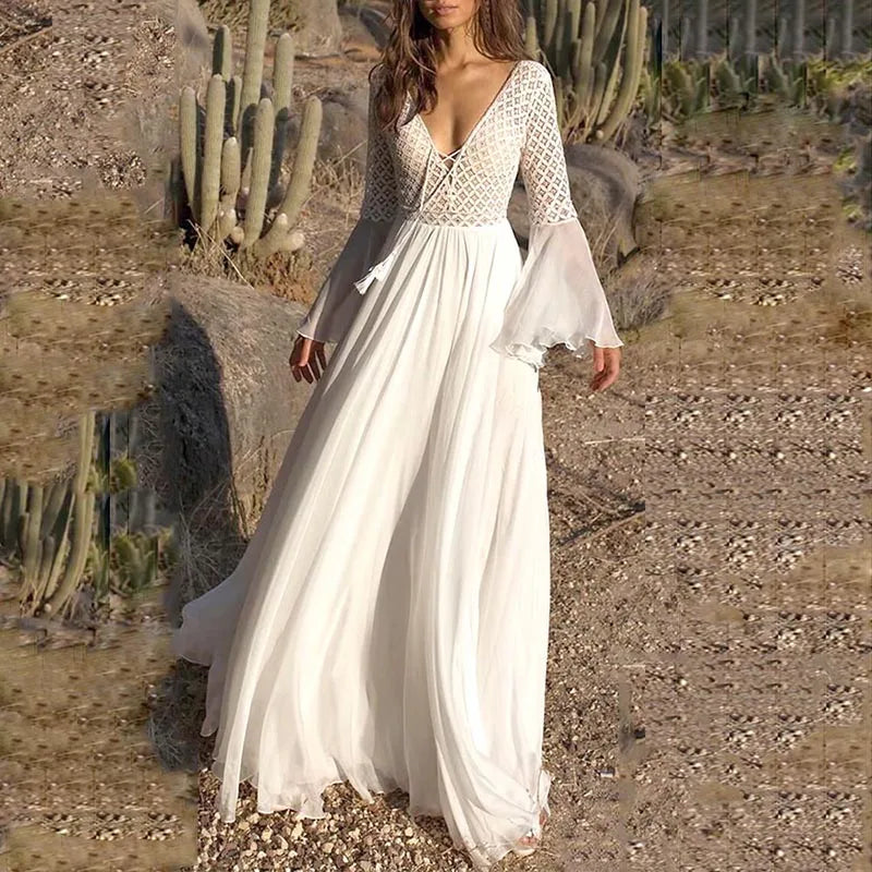 Holiday Chic V-Neck Long Flare Sleeve Boho Maxi Dress