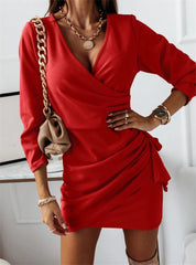 Solid Color Dresses V-Neck Long Sleeve Slim Mini Dress