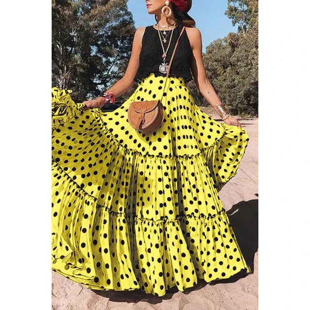 Vintage Bohemian Fairy Maxi Ruffle Polka Dot Skirt