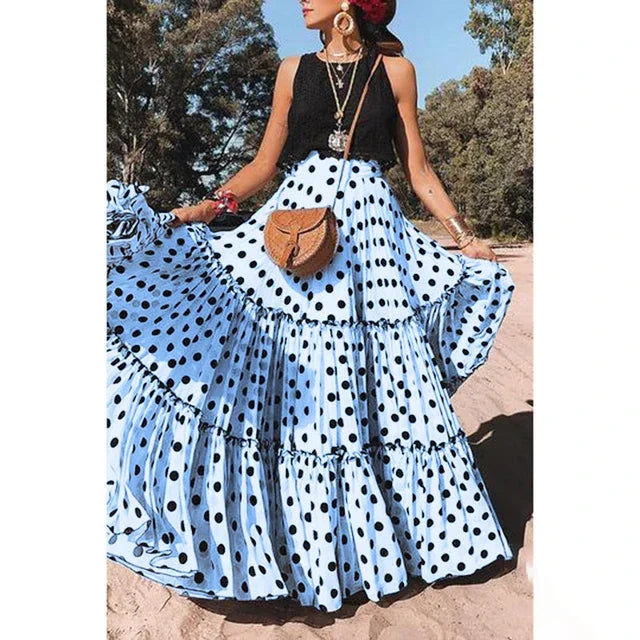 Vintage Bohemian Fairy Maxi Ruffle Polka Dot Skirt