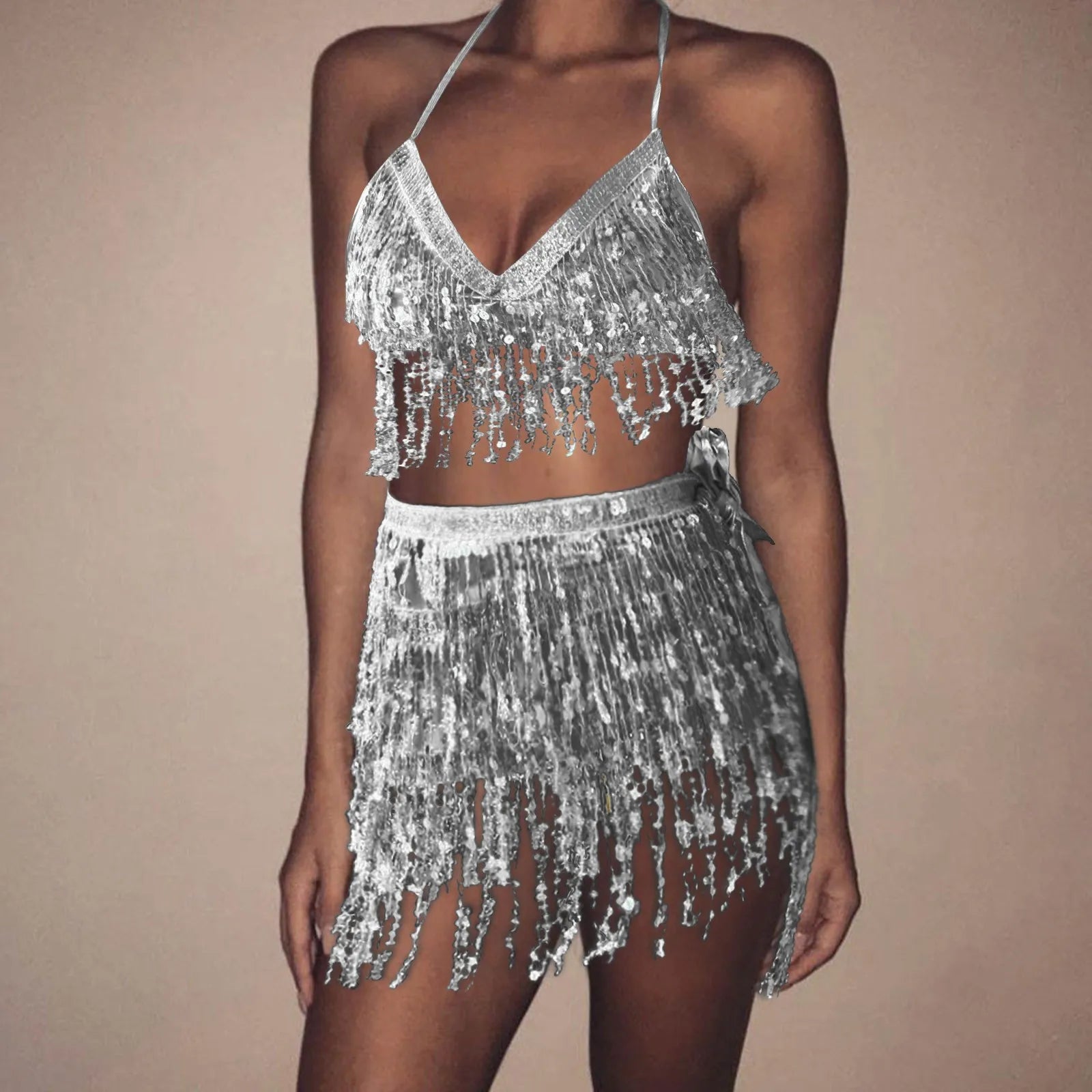 Sparkling Sequin Belly Costume Tassel Wrap Mini Skirt Club And Vest Set Club Party Shiny Dance Costume Two-Piece Clothing Dress