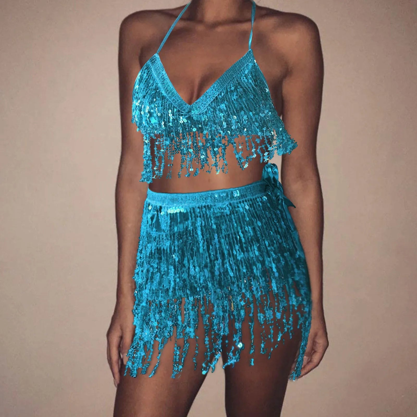 Sparkling Sequin Belly Costume Tassel Wrap Mini Skirt Club And Vest Set Club Party Shiny Dance Costume Two-Piece Clothing Dress