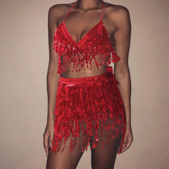 Sparkling Sequin Belly Costume Tassel Wrap Mini Skirt Club And Vest Set Club Party Shiny Dance Costume Two-Piece Clothing Dress