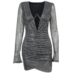 Deep V Neck Tempting Wrap Hip Solid Color Long Sleeve Bodycon Pleated Slim Mini Evening Dress