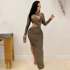 Office Slim Fit O Neck Wrap Hip Gown Cut Out Dresses