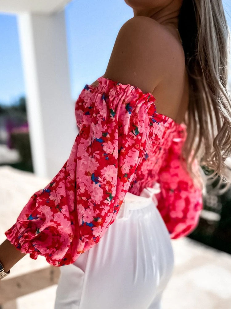 Top Summer Off Shoulder Floral Blouses Holiday Slash Neck Tops