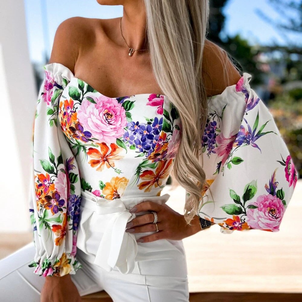 Top Summer Off Shoulder Floral Blouses Holiday Slash Neck Tops