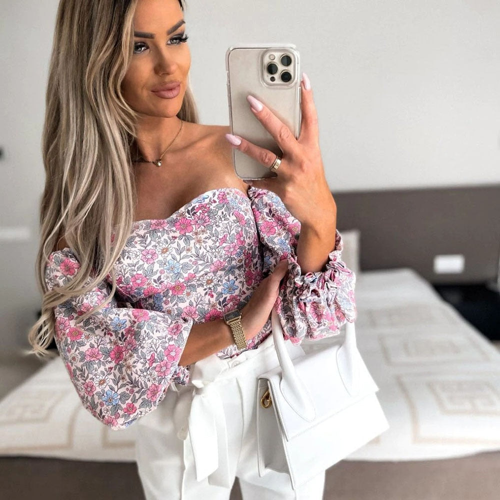 Top Summer Off Shoulder Floral Blouses Holiday Slash Neck Tops