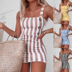 Sheath Dress Suspenders Sleeveless Vertical Striped Female Dress