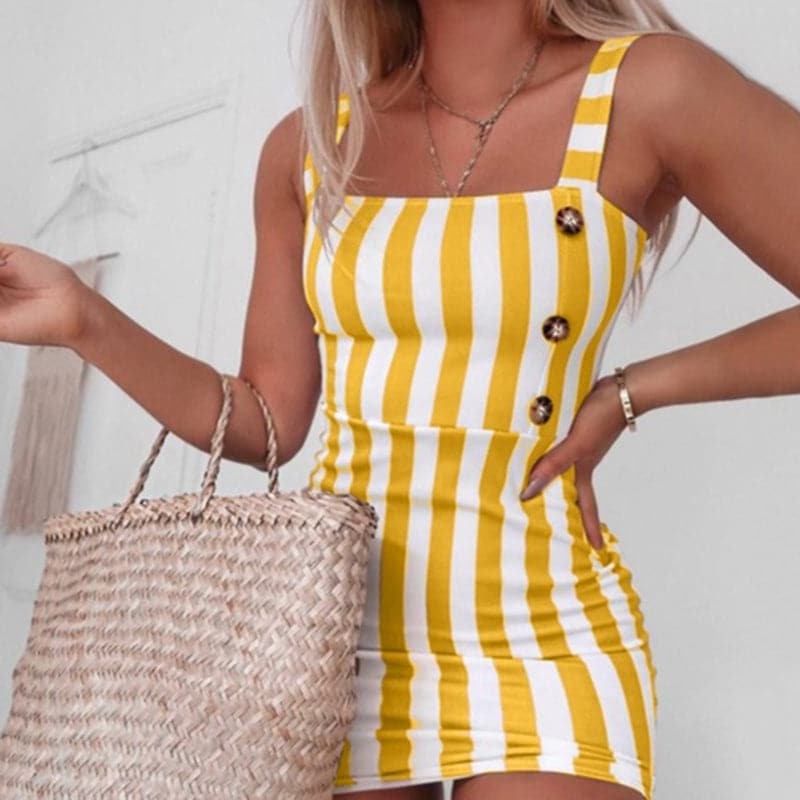 Sheath Dress Suspenders Sleeveless Vertical Striped Female Dress