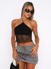 Streetwear Backless See Through Bodycon Lace Up Mesh Short Top