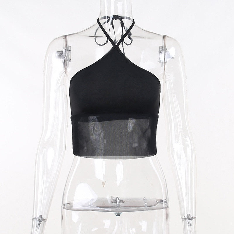 Streetwear Backless See Through Bodycon Lace Up Mesh Short Top