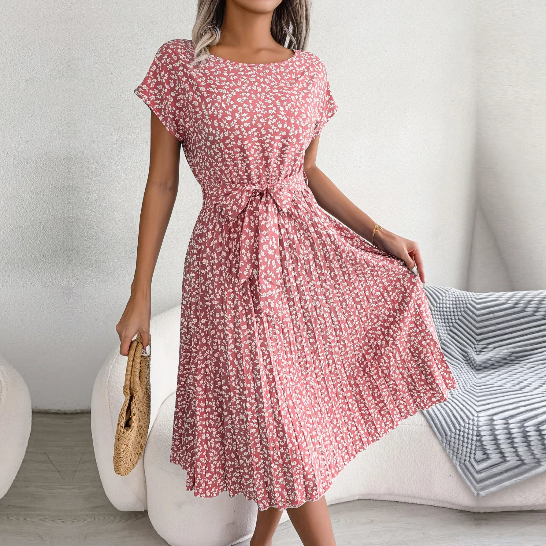 Spring Short Waist Chic Floral Pleated A Line Long Midi Dresses