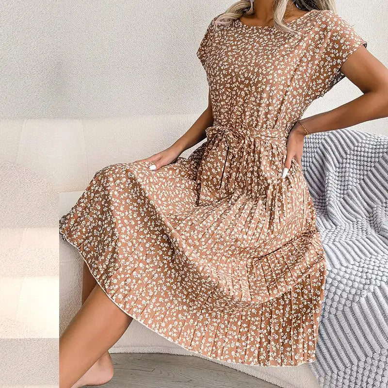 Spring Short Waist Chic Floral Pleated A Line Long Midi Dresses