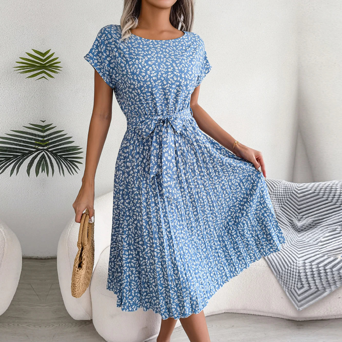 Spring Short Waist Chic Floral Pleated A Line Long Midi Dresses