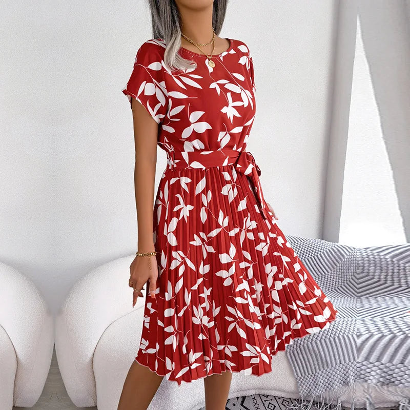 Spring Short Waist Chic Floral Pleated A Line Long Midi Dresses