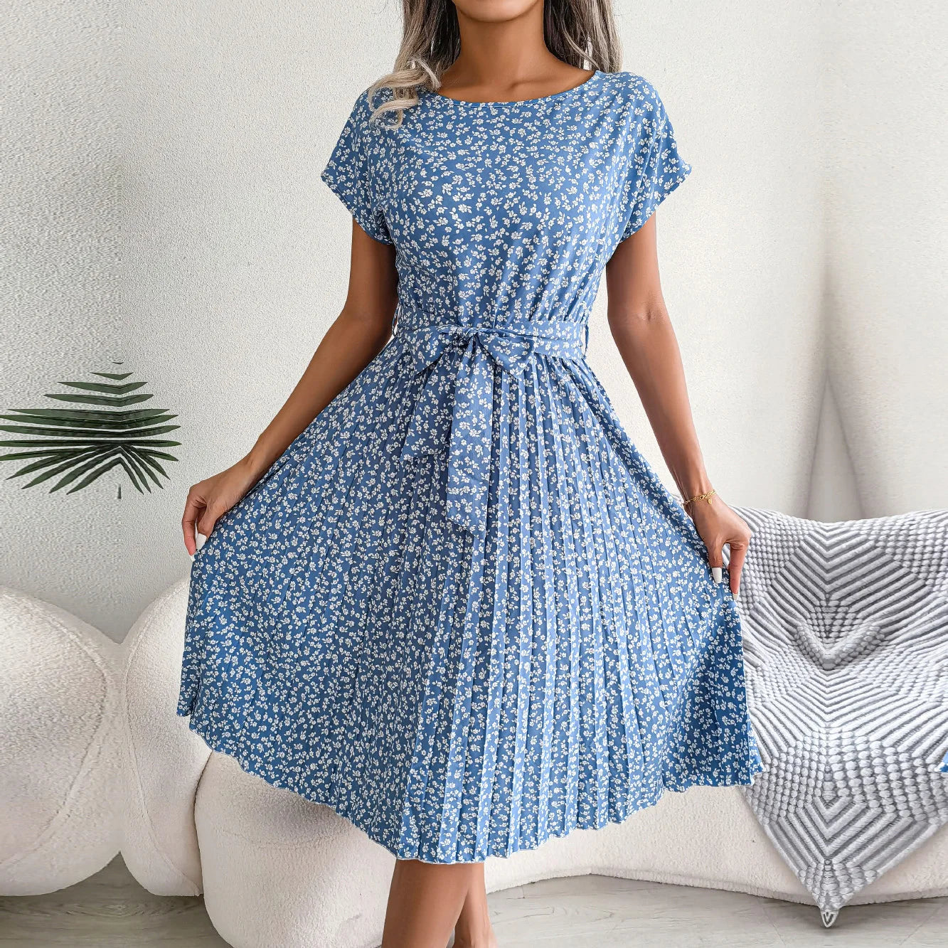 Spring Short Waist Chic Floral Pleated A Line Long Midi Dresses