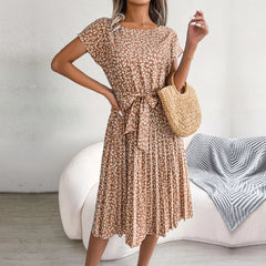 Spring Short Waist Chic Floral Pleated A Line Long Midi Dresses