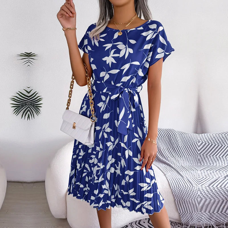 Spring Short Waist Chic Floral Pleated A Line Long Midi Dresses