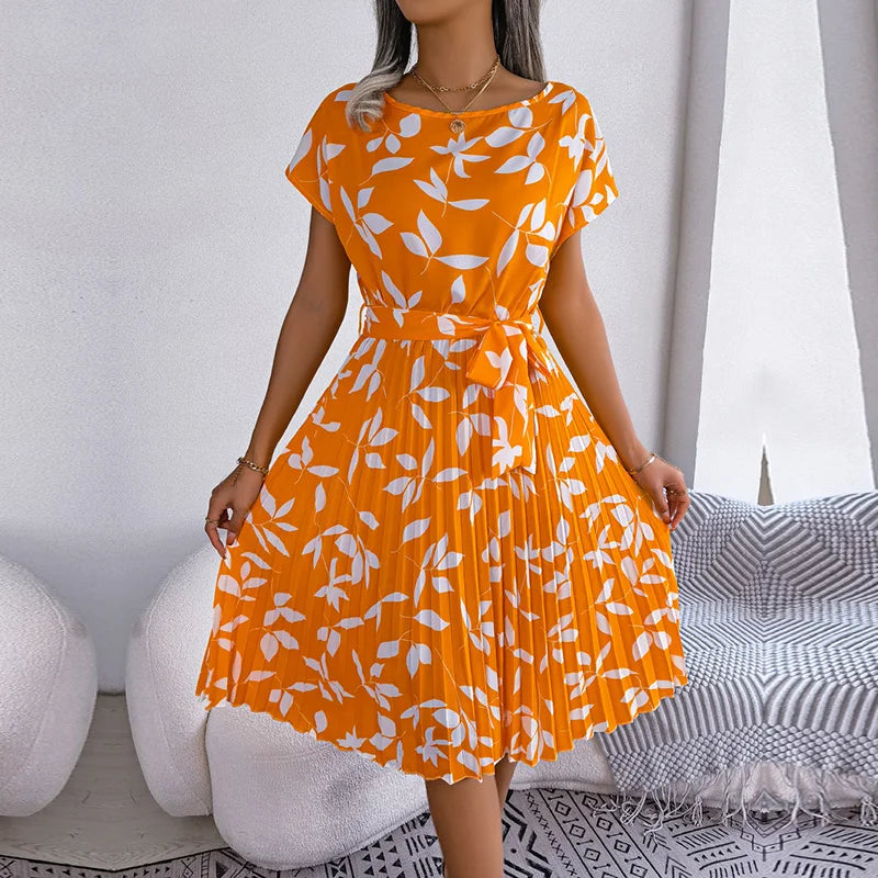 Spring Short Waist Chic Floral Pleated A Line Long Midi Dresses