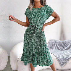 Spring Short Waist Chic Floral Pleated A Line Long Midi Dresses