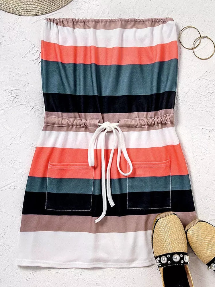 Strapless Sleeveless Mini Bandeau Dress Summer Casual Drawstring Striped Tube Splicing