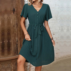 Summer Elegant Pleated Short Sleeve V-Neck Lace-Up High Waist Midi Dress