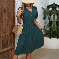 Summer Elegant Pleated Short Sleeve V-Neck Lace-Up High Waist Midi Dress