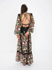 Backless See-through V-Neck Long Sleeve Floral Dress